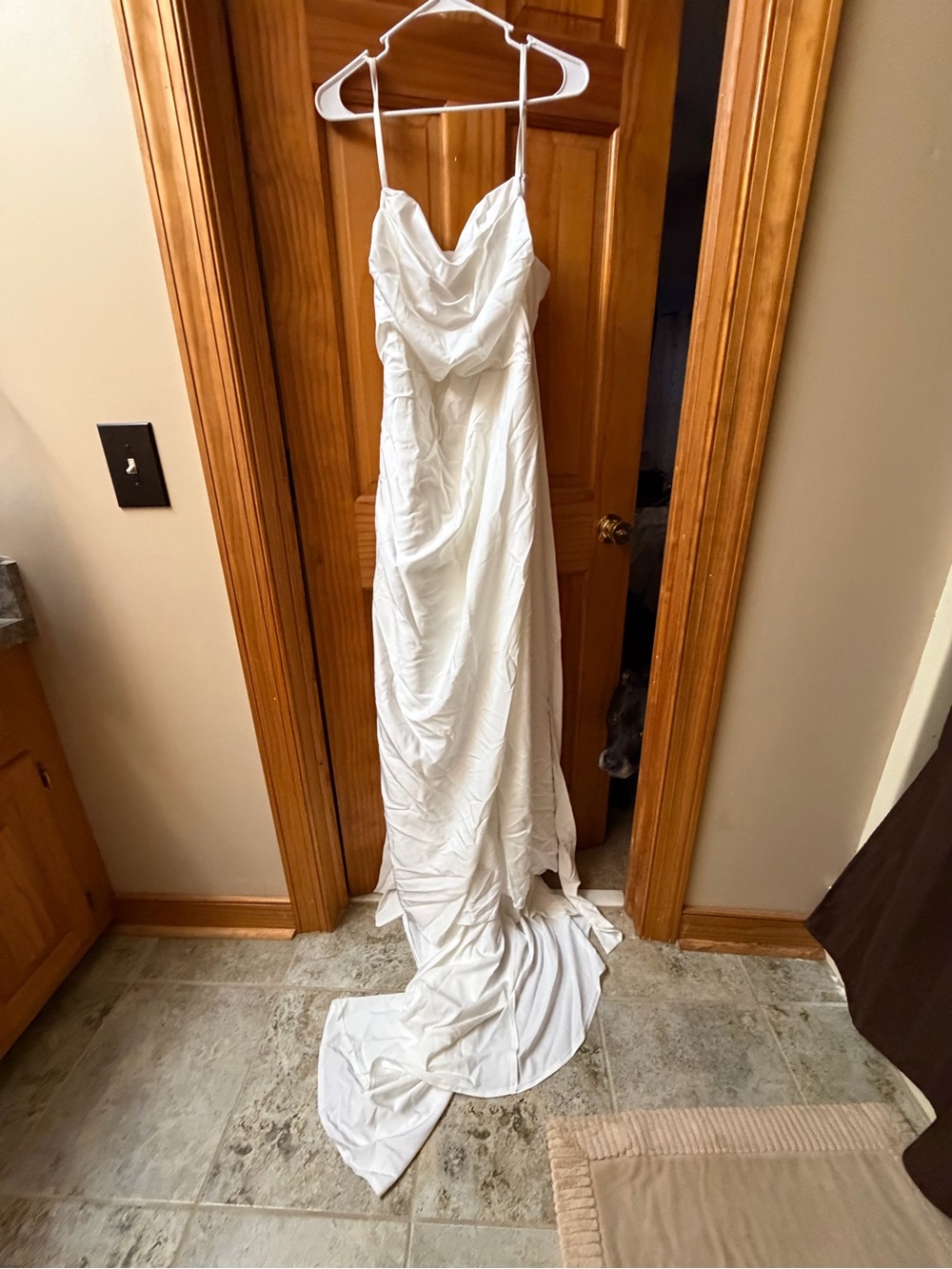 White Satin Wedding Dress Size 16 Cowl Neck Train Open Back